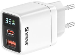 Sandberg Cargador 2en1 1xUSB-C 1xUSB 35W Carga Rápida Pantalla Potencia Dual