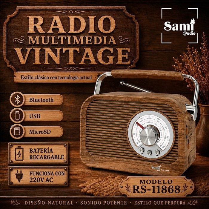 SAMI Radio Sami Vintage 3 bandas madera AC/batería multimedia