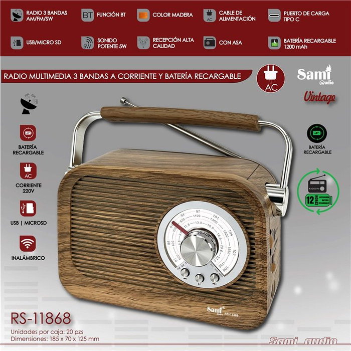 SAMI Radio Sami Vintage 3 bandas madera AC/batería multimedia