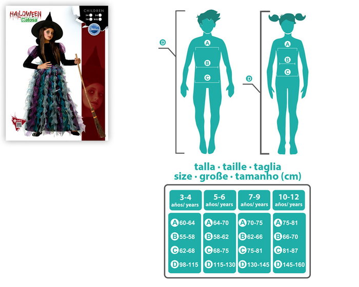 Disfraz de Bruja Infantil Multicolor con Sombrero Puntiagudo Talla 10-12 Años
