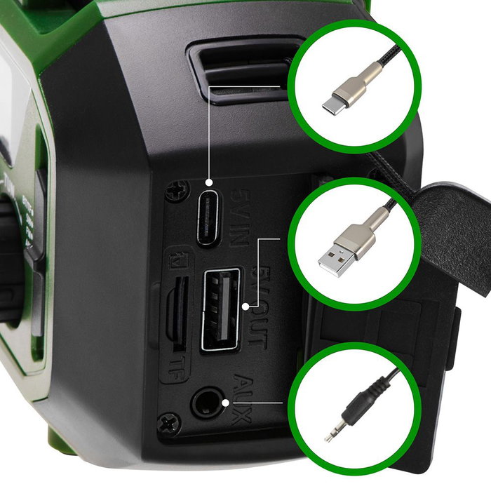 Camry CR1919 Radio Multifunción de Emergencia con Carga Solar/Dinamo/USB-C, Bluetooth 5.0, Linterna LED, Power Bank 4000 mAh, Pantalla LCD, Verde Camry CR1919 Radio Multifunción de Emergencia con Carga Solar/Dinamo/USB-C, Bluetooth 5.0, Linterna LED, Power Bank 4000 mAh, Pantalla LCD, Verde