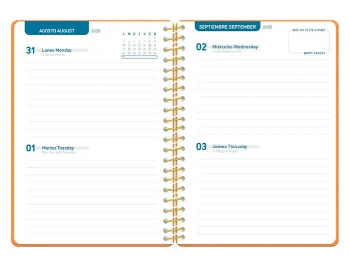 Liderpapel Agenda Escolar 26-27 Classic Espiral A5 2 Días Página Bilingüe Papel FSC 70g Naranja