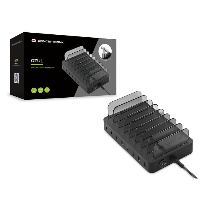 Conceptronic OZUL02B Estación de Carga 75W con 8 Puertos y Soporte Apple Watch Conceptronic OZUL02B Estación de Carga 75W con 8 Puertos y Soporte Apple Watch
