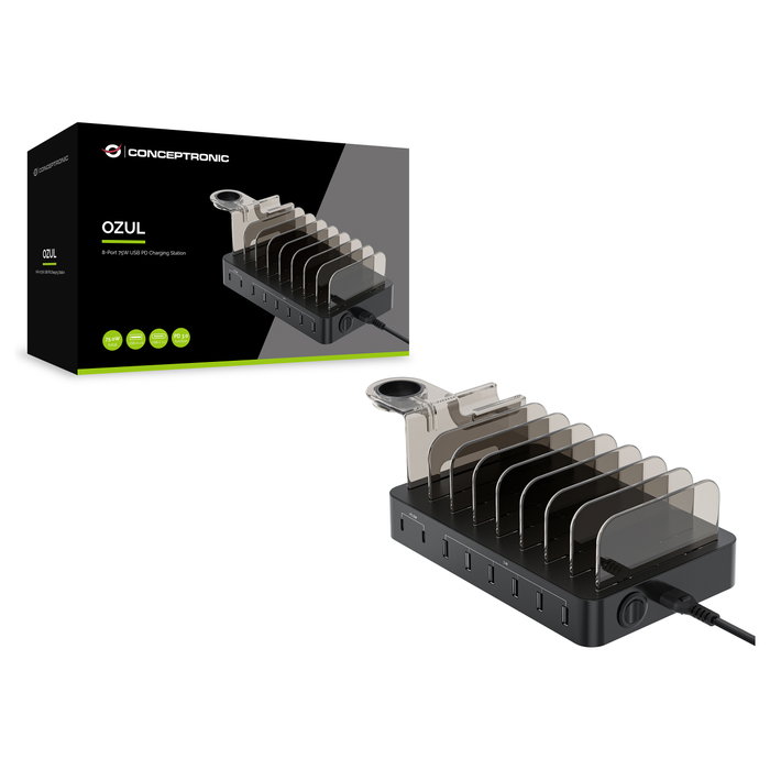 Conceptronic OZUL02B Estación de Carga 75W con 8 Puertos y Soporte Apple Watch Conceptronic OZUL02B Estación de Carga 75W con 8 Puertos y Soporte Apple Watch