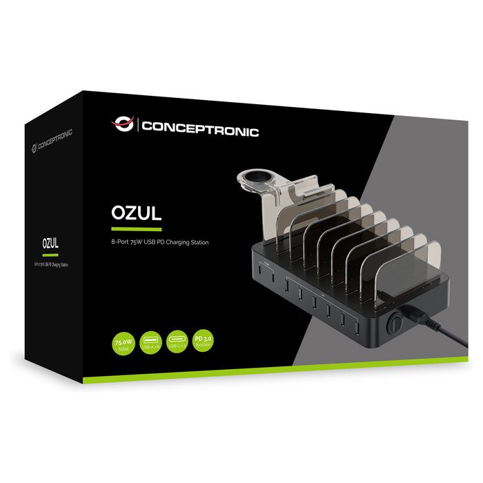 Conceptronic OZUL02B Estación de Carga 75W con 8 Puertos y Soporte Apple Watch Conceptronic OZUL02B Estación de Carga 75W con 8 Puertos y Soporte Apple Watch