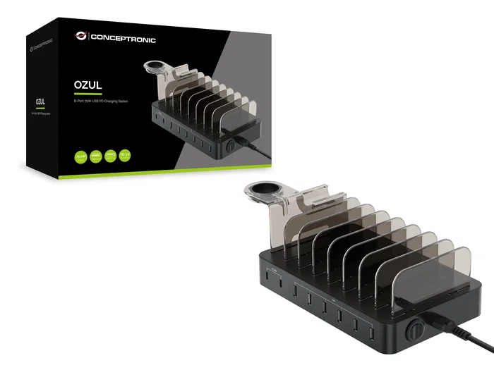 Conceptronic OZUL02B Cargador de Sobremesa 75W con 8 Puertos, 2x USB-C PD 3.0 y 6x USB-A para Múltiples Dispositivos, Negro