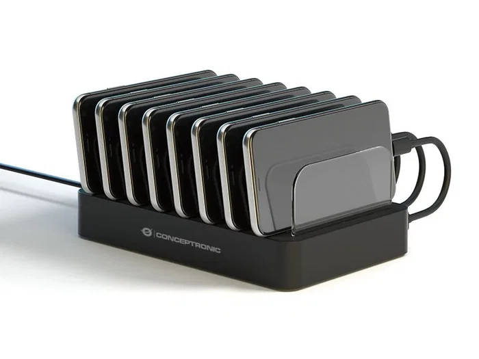 Conceptronic OZUL02B Cargador de Sobremesa 75W con 8 Puertos, 2x USB-C PD 3.0 y 6x USB-A para Múltiples Dispositivos, Negro