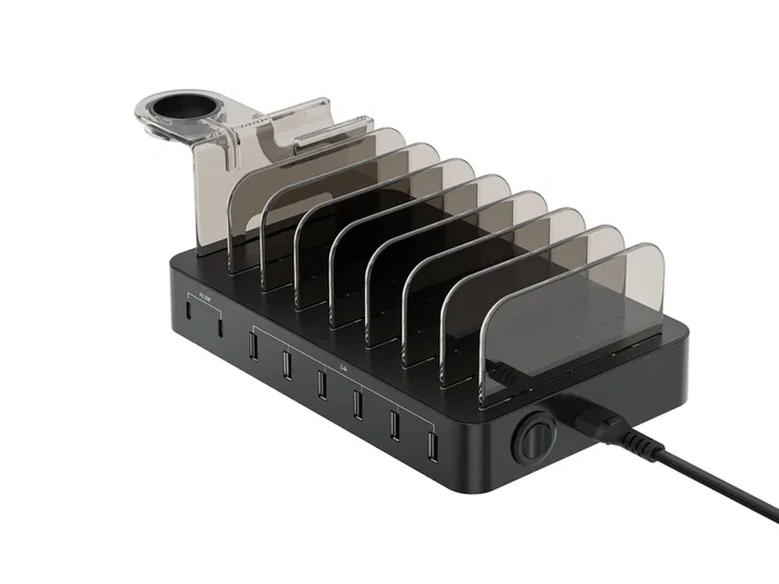 Conceptronic OZUL02B Cargador de Sobremesa 75W con 8 Puertos, 2x USB-C PD 3.0 y 6x USB-A para Múltiples Dispositivos, Negro
