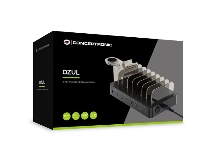 Conceptronic OZUL02B Cargador de Sobremesa 75W con 8 Puertos, 2x USB-C PD 3.0 y 6x USB-A para Múltiples Dispositivos, Negro