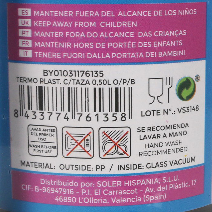 Thermosport Termo de Plástico con Taza 0,50 L O/P/B - 9 cm Ancho x 24,6 cm Alto x 11 cm Largo (12 Unidades)