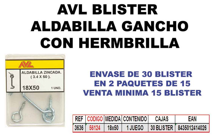Aldabilla de Gancho y Hembrilla Zincada 3636 en Blíster Aldabilla de Gancho y Hembrilla Zincada 3636 en Blíster