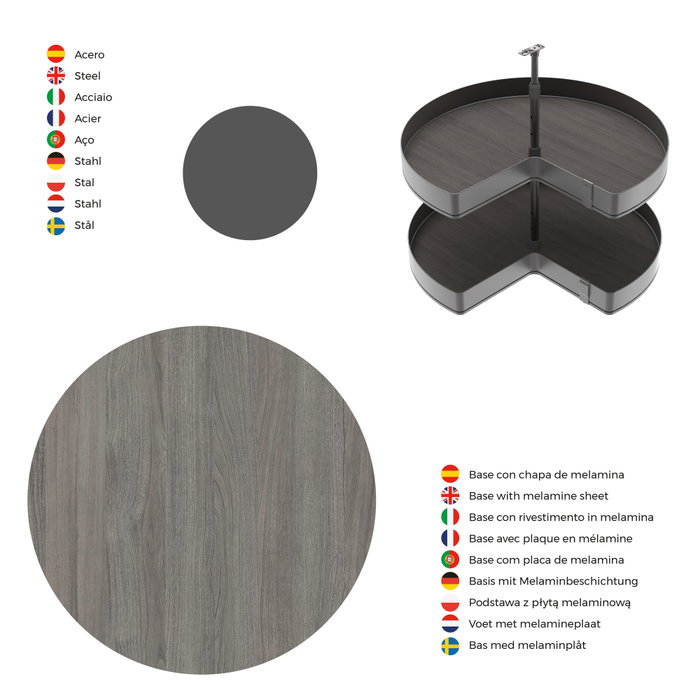 Emuca Juego de bandejas giratorias Harmony 3/4, Módulo ancho 800mm, Altura regulable, Acero y Madera, Gris antracita
