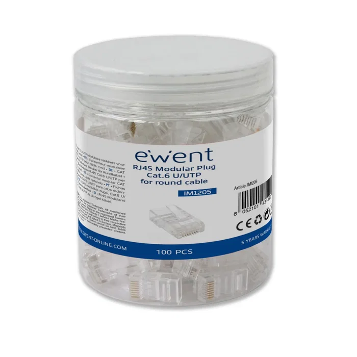 Ewent IM1205 - Conector RJ-45 Modular Macho Cat6 U/UTP (AWG 23-26) Chapado en Oro 15µ - Transparente - 100 Piezas
