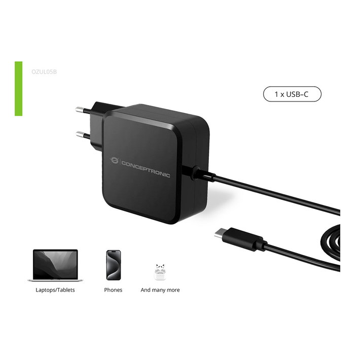 Conceptronic OZUL05BE Cargador GaN 100W USB-C con cable integrado