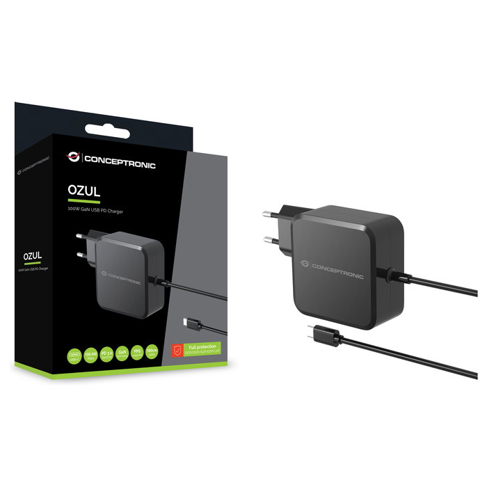Conceptronic OZUL05BE Cargador GaN 100W USB-C con cable integrado