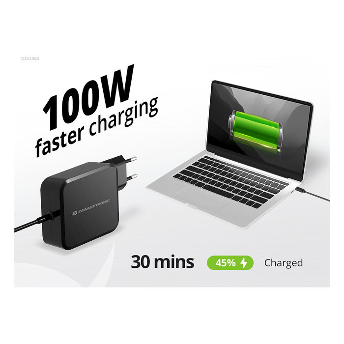 Conceptronic OZUL05BE Cargador GaN 100W USB-C con cable integrado