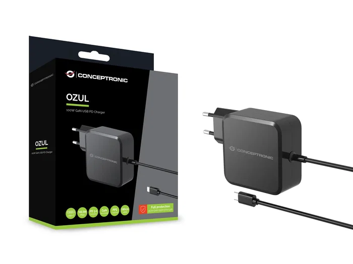 Conceptronic OZUL05BE Cargador de Pared GaN USB-C 100W con Cable Integrado 1.8m, Negro, PD 3.0, Protección Sobrecarga/Sobrecalentamiento