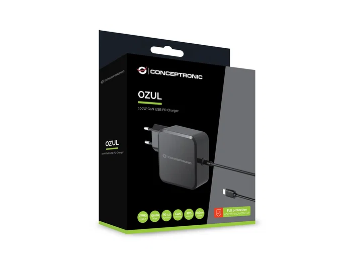 Conceptronic OZUL05BE Cargador de Pared GaN USB-C 100W con Cable Integrado 1.8m, Negro, PD 3.0, Protección Sobrecarga/Sobrecalentamiento