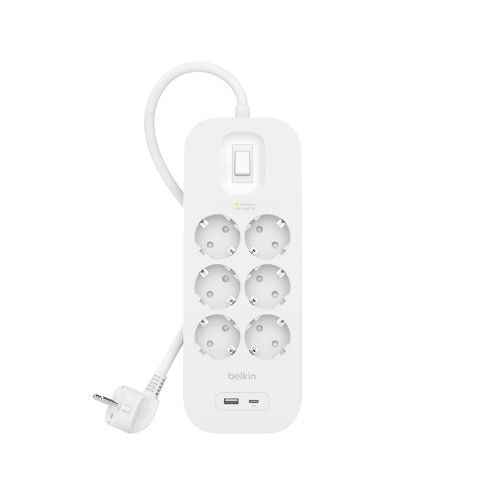 Belkin Surge Protector SRB002vf2MV2 con 6 tomas de CA, USB-C y USB-A, Blanco