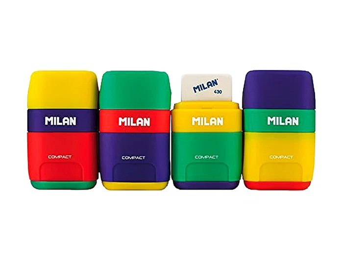 Milan Sacapuntas y Goma de Borrar 2 Usos Compact Mix con Depósito Plástico Colores Surtidos