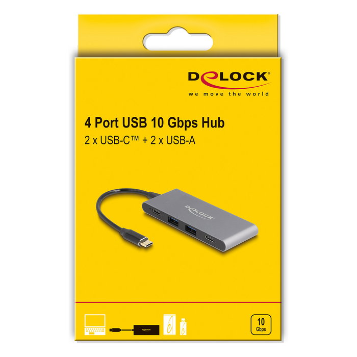 DeLOCK Hub USB 64111 con 2 puertos USB Tipo-A y 2 puertos USB Tipo-C 10 Gbps, Gris