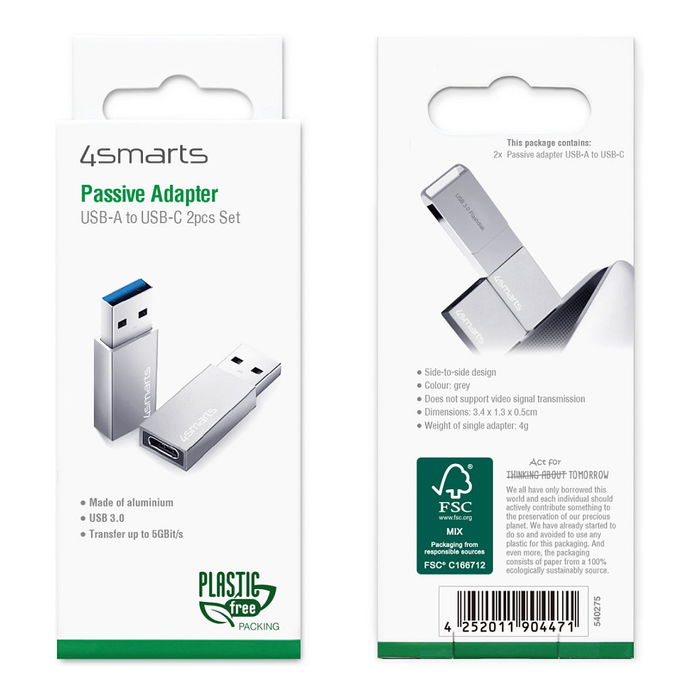 4smarts Adaptador USB-A 3.0 a USB-C 540275 (2 Piezas) Gris, Velocidad 5 Gbit/s, Bidireccional, Plug and Play