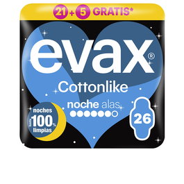 Evax Compresas Nocturnas COTTONLIKE con Alas, Protección de Noche, Sistema Cottonlike Dual, 26 unidades