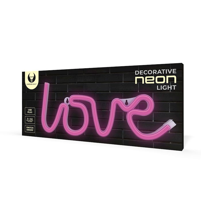 Forever Letrero Neon LED LOVE Pink para Decoración - Lámpara Rosa, Funciona con USB y Pilas, Cable 2m, Base con Interruptor