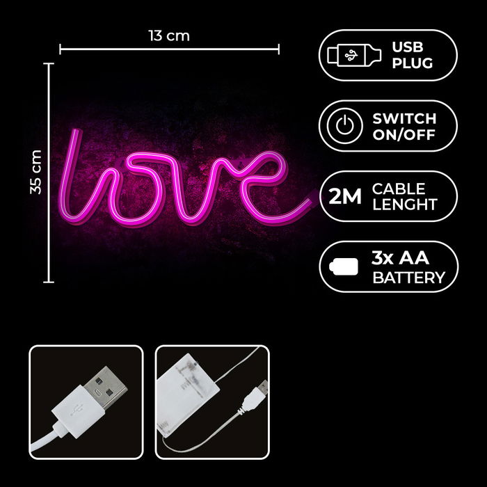 Forever Letrero Neon LED LOVE Pink para Decoración - Lámpara Rosa, Funciona con USB y Pilas, Cable 2m, Base con Interruptor