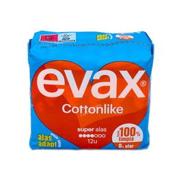 Evax Cottonlike Alas Super Compresa para Mujer con Alas y Máxima Absorción, 12 Unidades