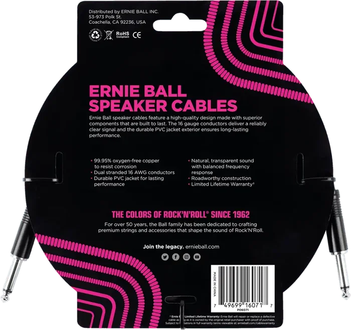 Ernieball EB Cable Altavoz Jack-Jack Ss 0,91 M Negro