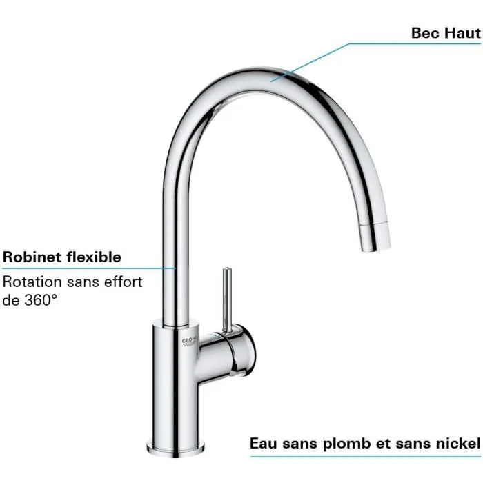 Grohe Mezclador Monocomando Fregadero High-Beak con Ducha Extraíble y Giratorio 360°, Instalación Rápida