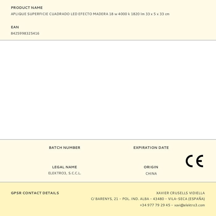 Edm Aplique Superficie Cuadrado LED Efecto Madera 18W 4000K Luz Día 1820lm 33x5x33 cm