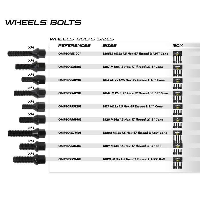 OMP Juego de Tornillos M12x1.25 para Llantas, Asiento Cónico, Llave 19, Largo 40 mm, Ref. OMPS09541201