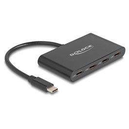 DeLOCK Hub USB 3.2 Gen 2 Tipo C con 4 Puertos USB-C, 10 Gbps, Velocidad 5 Gbit/s, Aluminio Negro, Conector USB-C, Plug and Play, Cable 0.15 m