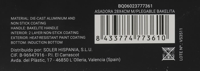 Quttin Asadora 28 x 4 cm con Mango Plegable de Bakelita (6 Unidades)