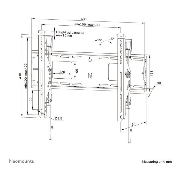 Neomounts WL35-750BL16 Soporte de pared para TV hasta 86" (218 cm), inclinable, bloqueable, carga 125 kg, VESA 100x100 a 600x400 mm, acero negro