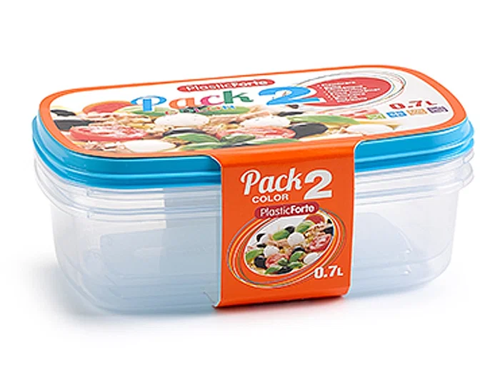 Plasticforte Fiambrera Transparente Tapa Color 0.7 Litros Pack 2 Unidades Libres de BPA Aptas Microondas Lavavajillas Congelador