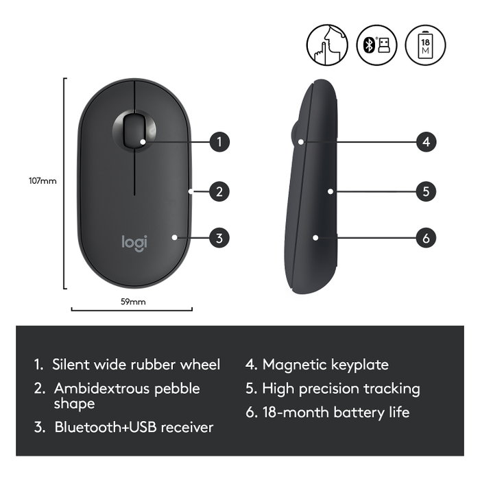 Logitech Ratón M350 Pebble Inalámbrico Óptico RF + Bluetooth Grafito Logitech Ratón M350 Pebble Inalámbrico Óptico RF + Bluetooth Grafito