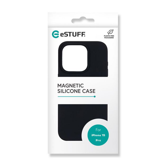 eSTUFF Funda INFINITE ROME magnética de silicona para iPhone 15 Pro - Negro - Con imán para carga - 81% material reciclado - Protección contra caídas
