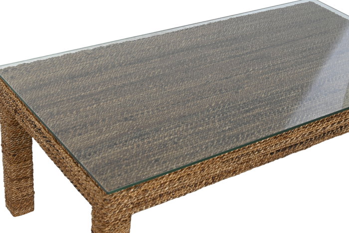 DKD Home Decor Mesa de Centro de Fibra de Teca y Cristal Templado 120x60x45 cm