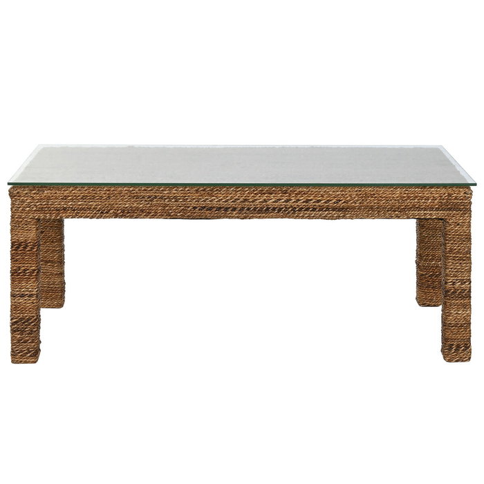DKD Home Decor Mesa de Centro de Fibra de Teca y Cristal Templado 120x60x45 cm