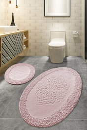 Mijölnir Piante Oval - Pink Juego de Alfombrillas de Baño 100% Algodón Antibacterianas Antideslizantes Lavables a Máquina Set 2 Piezas 50x60cm 60x100cm