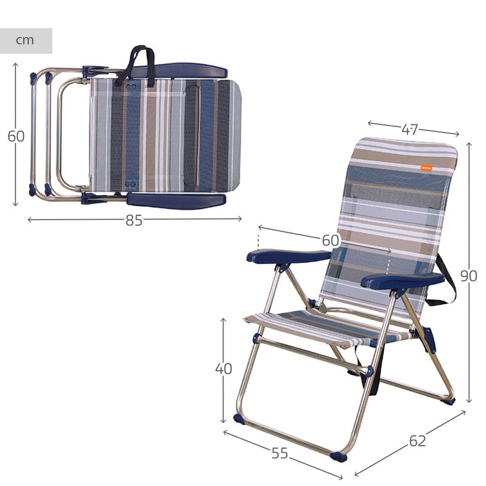 Aktive Silla plegable de playa alta 5 posiciones a rayas azules y grises