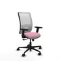 Silla de oficina Zulema con mecanismo Sincro tapizada con Tela color Rosa y malla color Blanco. Equipada con lumbar 1D, Brazos 2D y Ruedas 65mm nailon