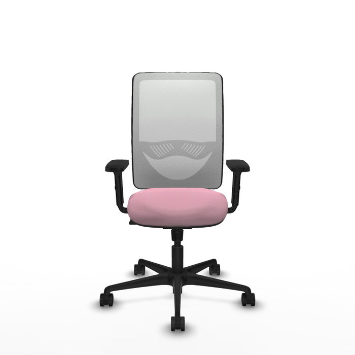 Silla de oficina Zulema con mecanismo Sincro tapizada con Tela color Rosa y malla color Blanco. Equipada con lumbar 1D, Brazos 2D y Ruedas 65mm nailon