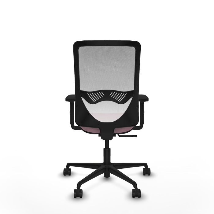 Silla de oficina Zulema con mecanismo Sincro tapizada con Tela color Rosa y malla color Blanco. Equipada con lumbar 1D, Brazos 2D y Ruedas 65mm nailon