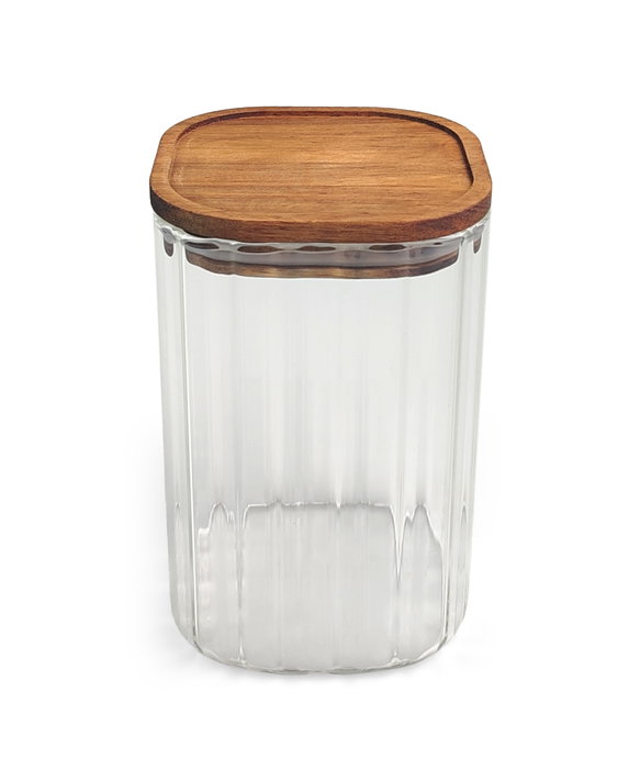 Inde Tarro de Boro-silicato Óptico con Tapa Acacia, Cuadrado, 950 ml, Colección La Mediterran - 10.2 x 10.2 x 15.7 cm (12 Unidades)