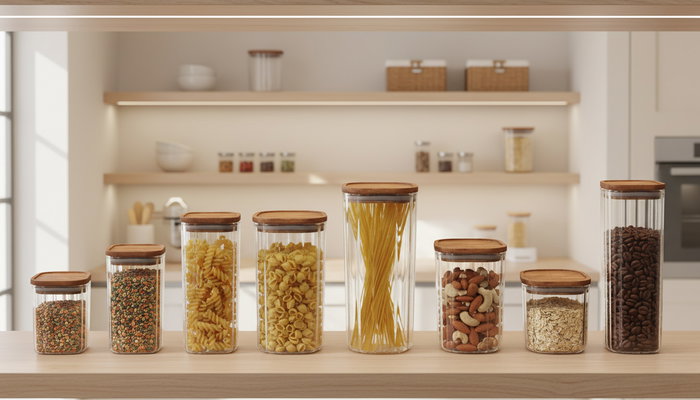 Inde Tarro de Boro-silicato Óptico con Tapa Acacia, Cuadrado, 950 ml, Colección La Mediterran - 10.2 x 10.2 x 15.7 cm (12 Unidades)