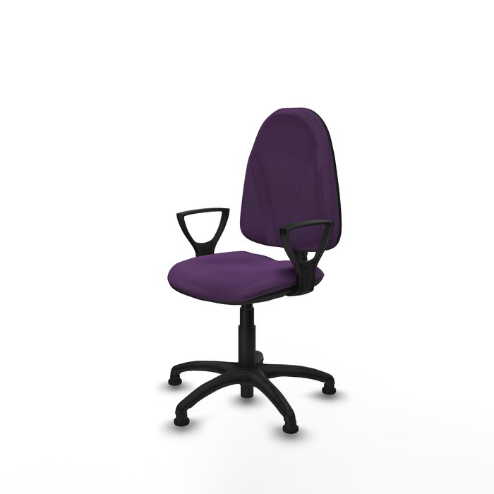 Silla de oficina Algarra con mecanismo Contacto permanente básico tapizada con Tela color Morado. Equipada con Base poliamida negra, Brazos fijosy Topes